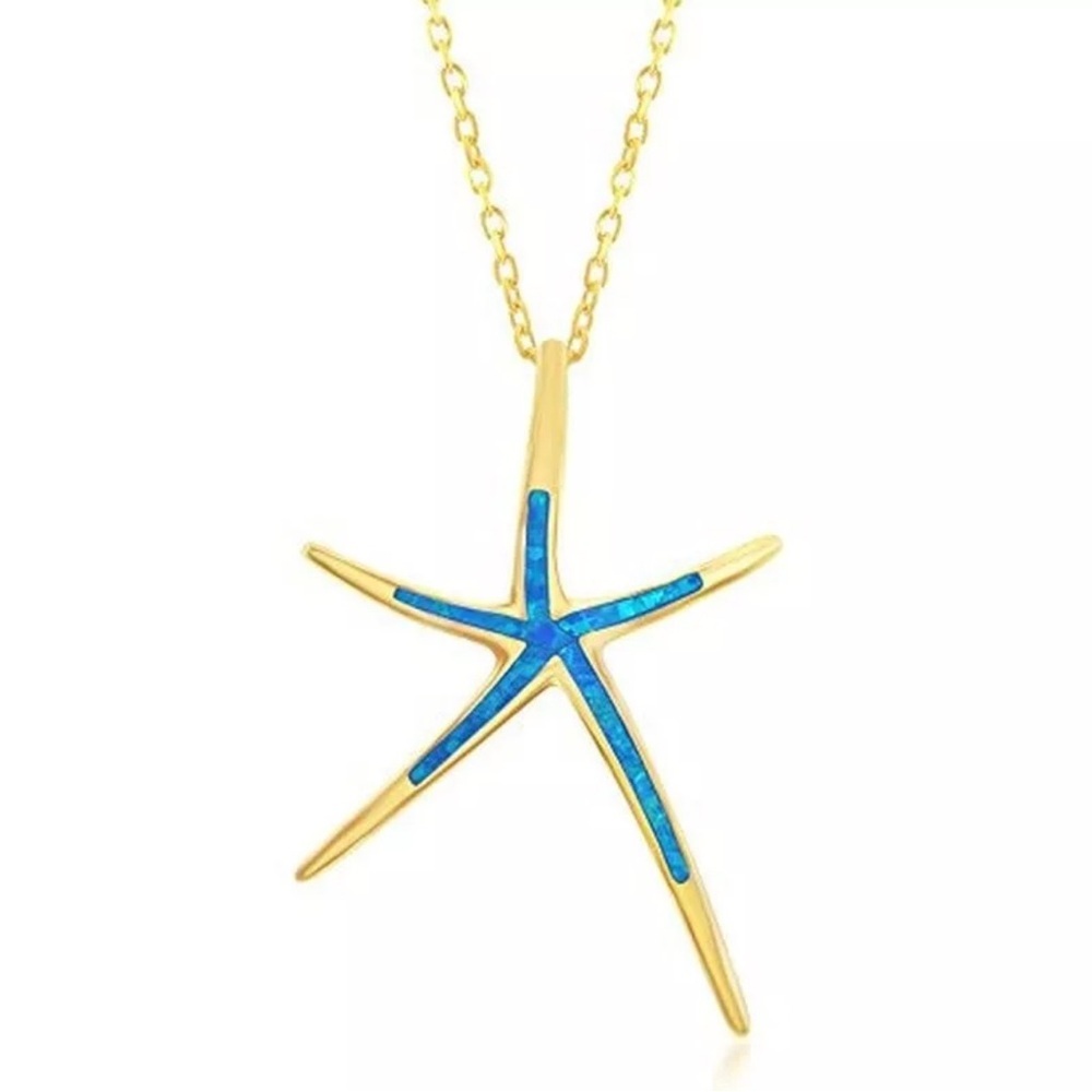 14k Gold Over Silver Lab-Created Blue Opal Starfish Pendant